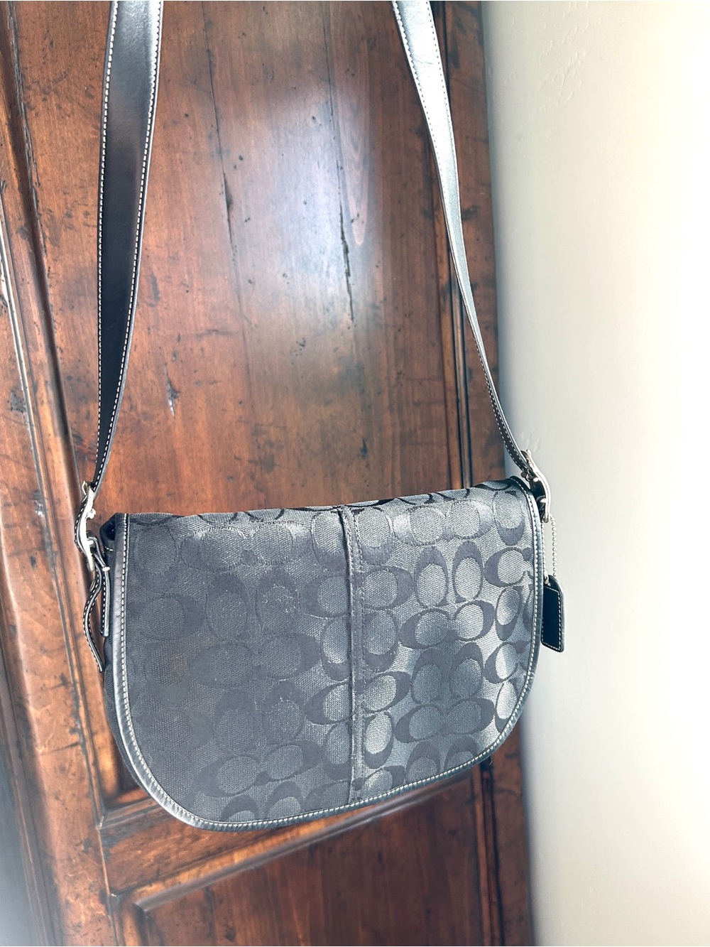 Coach Signature Soho Black Jacquard Crossbody Flap Bag with Silver tone hardware